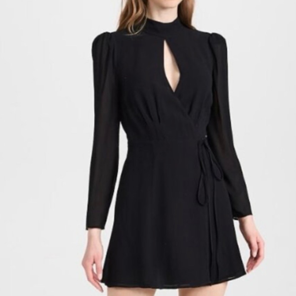 Reformation keyhole Black Long Sleeve mini Dress with side slit and tie waist